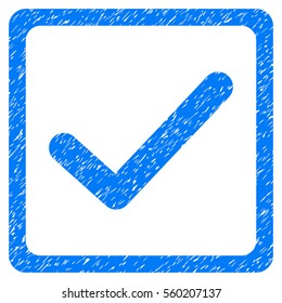 Checkbox grainy textured icon for overlay watermark stamps. Flat symbol with dirty texture. Dotted vector blue ink rubber seal stamp with grunge design on a white background.