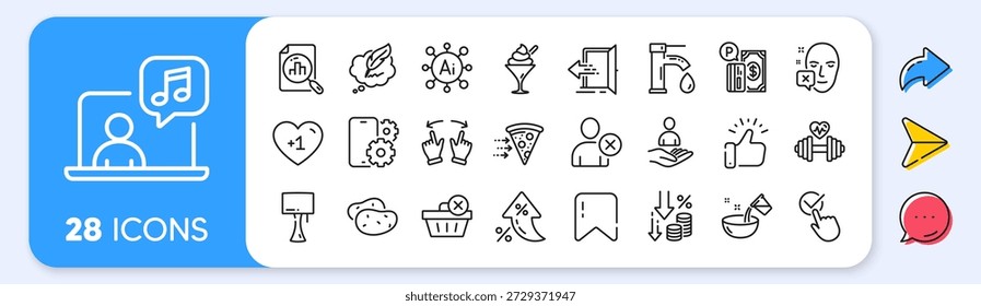 Kontrollkästchen, Eiscreme und Copyright-Chat-Linien-Symbole. Zinssatz, KI generieren, Inflationssymbole. Eintrittspaket, Kauf löschen, Musiksymbol. Vektorgrafik