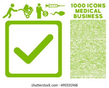 Checkbox icon with 1000 medical business eco green vector pictographs. Design style is flat symbols, white background.
