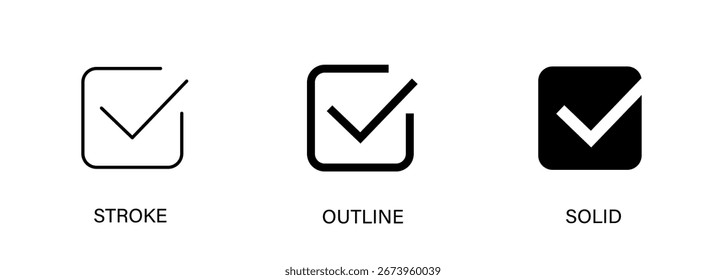 Ícone de caixa de seleção para concordar, lista de verificação, escolha, design de interface do usuário. Traçado vetorial, contorno e ícones sólidos. EPS10