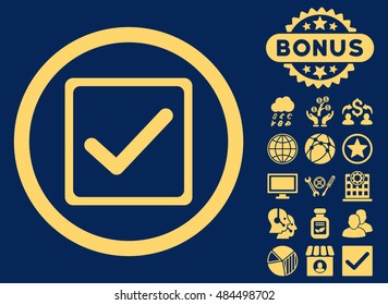 Checkbox icon with bonus elements. Vector illustration style is flat iconic symbols, yellow color, blue background.