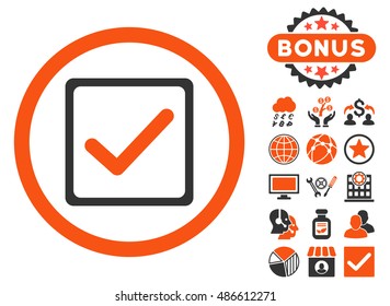Checkbox icon with bonus elements. Vector illustration style is flat iconic bicolor symbols, orange and gray colors, white background.