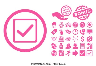 Checkbox icon with bonus pictogram. Vector illustration style is flat iconic symbols, pink color, white background.