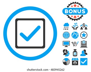 Checkbox icon with bonus pictures. Vector illustration style is flat iconic bicolor symbols, blue and gray colors, white background.