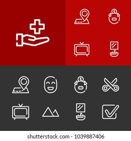 Checkbox icon with healthcare, tv and mountain editable symbols. Set of shears, mountain, happy facial icons and address concept. Editable vector elements for logo app UI design.