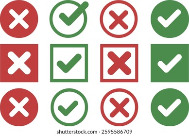 Checkbox Icon Set. Tick and Cross Symbols. Yes or No, Correct or Wrong Buttons. Vector Illustration.