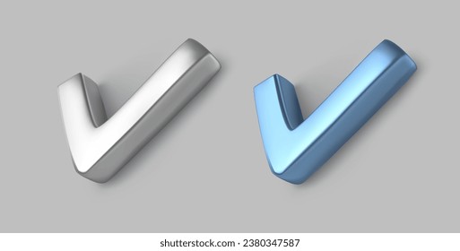 Checkbox Icon. Silver and Blue metallic check option for poll graphic symbol. Ok mark design element. Realistic icon. Vote elections. Completed task. Vector illustration.