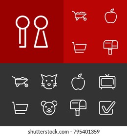 Checkbox icon with toy, mail and construction editable symbols. Set of inbox, wc, cat icons and wheelbarrow concept. Editable vector elements for logo app UI design.