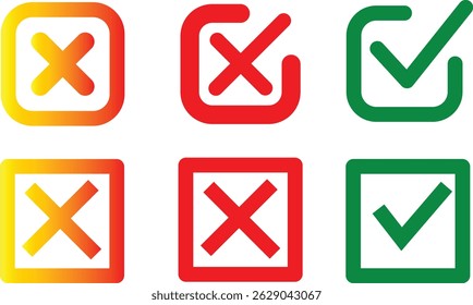 Checkbox Icons Assortment: Multi-Color Selection Set,
Tick and Cross Mark Variants: Approval Error Symbols,
Modern UI Checkbox Set: Status Indicator Collection.