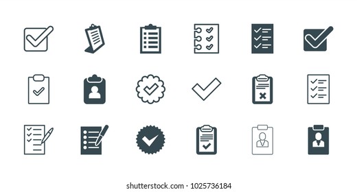 Checkbox icons. set of 18 editable filled and outline checkbox icons: clipboard, checklist, tick