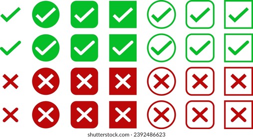 Juego de iconos de la casilla de verificación. Marca de verificación verde e ilustración vectorial de marca cruzada roja. Casilla de verificación, conjunto de iconos redondeados y cuadrados. Símbolo de lista de verificación. Botones positivos y negativos.