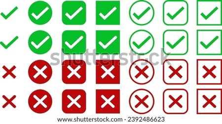 Checkbox icons set. Green check mark and red cross mark vector illustration. Checkbox circle, rounded and square icon set collection. Checklist symbols. Positive and negative buttons.