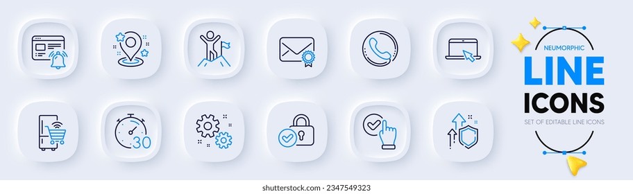 Checkbox, Internet notification and Pin line icons for web app. Pack of Call center, Timer, Portable computer pictogram icons. Verified locker, Refrigerator, Improving safety signs. Vector
