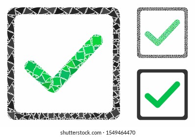 Checkbox mosaic of abrupt parts in variable sizes and color tones, based on checkbox icon. Vector trembly dots are combined into collage. Checkbox icons collage with dotted pattern.