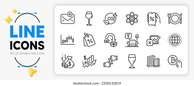 Checkbox, Moving service and Click hands line icons set for app include Lounge, New mail, Chemistry atom outline thin icon. Bordeaux glass, Co2 gas, Rise price pictogram icon. Deflation. Vector