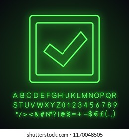 Checkbox neon light icon. Check box. Checkmark. Voting. Verification and validation. Approved. Glowing sign with alphabet, numbers and symbols. Vector isolated illustration