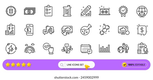 Checkbox, Payment and Green electricity line icons for web app. Pack of Teamwork, Payment message, Oil barrel pictogram icons. Chemical formula, Accounting, Cloud computing signs. Search bar. Vector