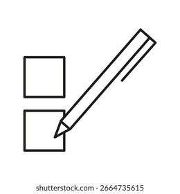 Casilla de verificación con pluma. Icono de formulario de Encuesta. Vector de la lista de pruebas. Símbolo de examen.