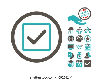Checkbox pictograph with bonus images. Vector illustration style is flat iconic bicolor symbols, grey and cyan colors, white background.