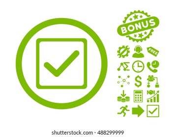 Checkbox pictograph with bonus symbols. Vector illustration style is flat iconic symbols, eco green color, white background.