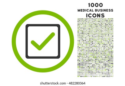Checkbox rounded vector bicolor icon with 1000 medical business icons. Set style is flat pictograms, eco green and gray colors, white background.