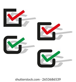 Iconos de selección de Casilla de verificación. Marcas planas. Símbolos rojos y verdes. Detalles de sombra de Vector. EPS 10.