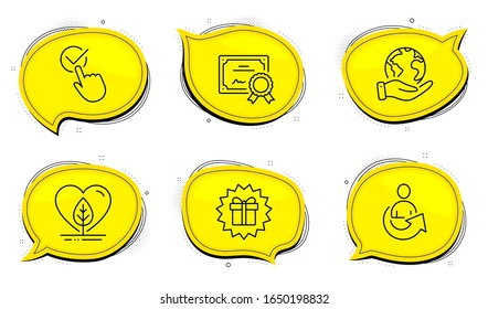  Signo de casilla de verificación. Certificado de diploma, salva burbujas de chat del planeta. Iconos locales de línea de regalo de Compartir y Sorpresa. Prueba orgánica, persona de referencia, oferta de compras. Aprobado. Conjunto de negocios. Vector