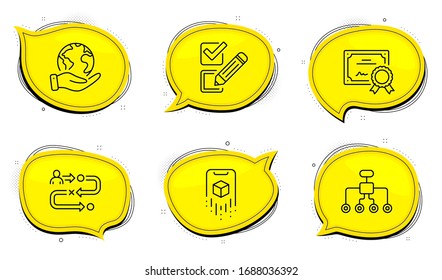 Checkbox sign. Diploma certificate, save planet chat bubbles. Augmented reality, Journey path and Restructuring line icons set. Phone simulation, Project process, Delegate. Survey choice. Vector