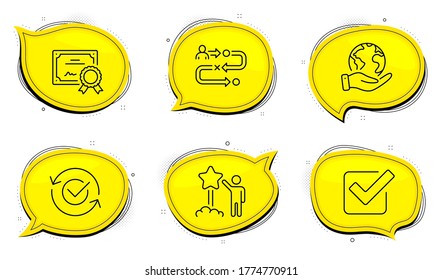 Checkbox sign. Diploma certificate, save planet chat bubbles. Journey path, Approved and Star line icons set. Project process, Refresh symbol, Launch rating. Approved tick. Business set. Vector