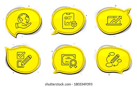 Signo de casilla de verificación. Certificado de diploma, salva las burbujas de chat del planeta. Diagrama de ventas, Lista de verificación de informes e iconos de línea de palabras clave establecidos. Gráfico de crecimiento de ventas, archivo de crecimiento de ventas, estrategia de marketing. Vector