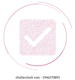 Símbolo de la casilla de verificación con puntos rosados. Estilo de puntillismo. Ilustración del vector sobre fondo blanco