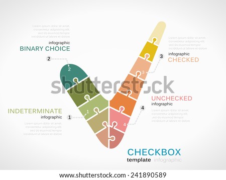 Checkbox symbol infographic template with puzzled jigsaw sign