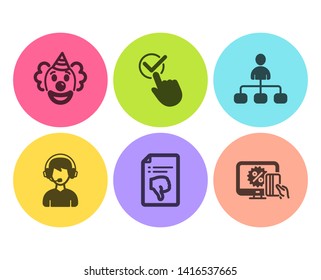 Checkbox, Thumb down and Management icons simple set. Clown, Consultant and Online shopping signs. Approved, Decline file. People set. Flat checkbox icon. Circle button. Vector