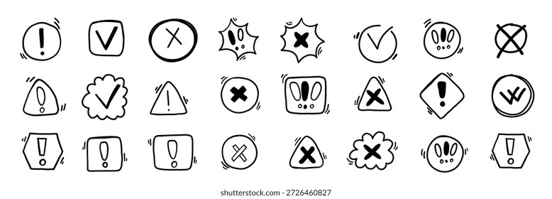  Markieren Sie das Kontrollkästchen Kreuzworträtsel Skizzen Vektorgrafik. Crayon handgeschriebenes Kreide-Grunge-Illustrationssatz. Warnhinweis für Stimmsymbol.