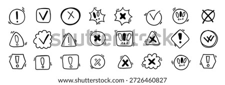  Checkbox tick cross box doodle sketches vector collection. Crayon hand written chalk grunge illustration set. Vote symbol warning attention drawing.