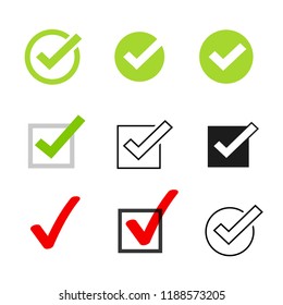 Сheckmarks checkbox tick icons vector symbol set, check mark confirmation collection isolated on white background, checked icon or correct choice sign,  or checkbox pictogram square round circle black