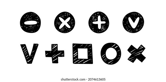 Checkboxes inside the shaded circle, minus, plus, x, v. Hand-drawn scribble check marks. Ddul Set Vector illustration of different signs of correct or incorrect answer, done, vote.