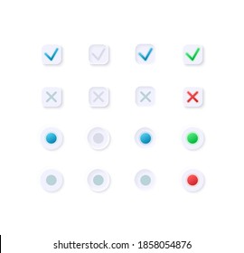 Checkboxes for media UI elements kit. Tick option. Settings isolated vector icon, bar and dashboard template. Web design widget collection for mobile application with light theme interface