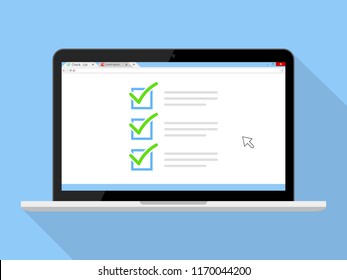 Checkboxes on laptop screen. Checkboxes and green checkmarks. Modern concept for web banners, web sites, infographics. Creative flat design vector illustration isolated on blue background