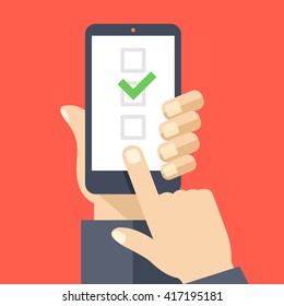 Checkboxes on smartphone screen. Hand hold smartphone, finger touch screen. Checkboxes and checkmark. Modern concept for web banners, web sites, infographics. Creative flat design vector illustration