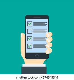 Checkboxes on smartphone screen. Hand hold smartphone. Creative flat design vector illustration.