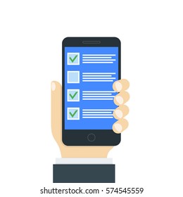 Checkboxes on smartphone screen. Hand hold smartphone. Creative flat design vector illustration.