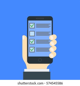Checkboxes on smartphone screen. Hand hold smartphone. Creative flat design vector illustration.