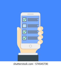 Checkboxes on smartphone screen. Hand hold smartphone. Creative flat design vector illustration.