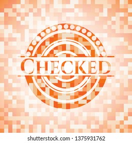 Checked abstract orange mosaic emblem with background