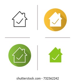 Checked, approved house icon. Flat design, linear and glyph color styles. Building with check mark inside. Isolated vector illustrations