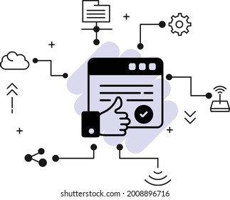 Checked and Approved Vector Glyph Icon Design, Cloud computing and Internet hosting services Symbol, Verified Webpage Concept, Browser with OK Sign Stock illustration