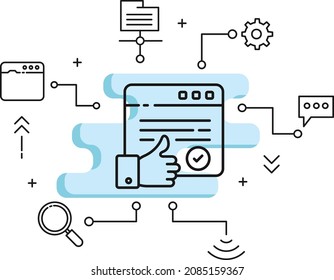 Checked and Approved Vector Icon Design, Cloud computing and Internet hosting services Symbol, Verified Webpage Concept, Website with Like Sign, Browser with OK Sign Stock illustration