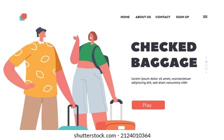 Plantilla de la página de aterrizaje de equipajes verificada. La gente en el registro de espera del aeropuerto. Personajes turísticos con equipaje. Viajeros a Aviones, Pasajeros a Jet, Viaje, Viajes. Ilustración del vector de dibujos animados