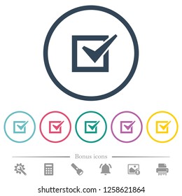 Checked box flat color icons in round outlines. 6 bonus icons included.